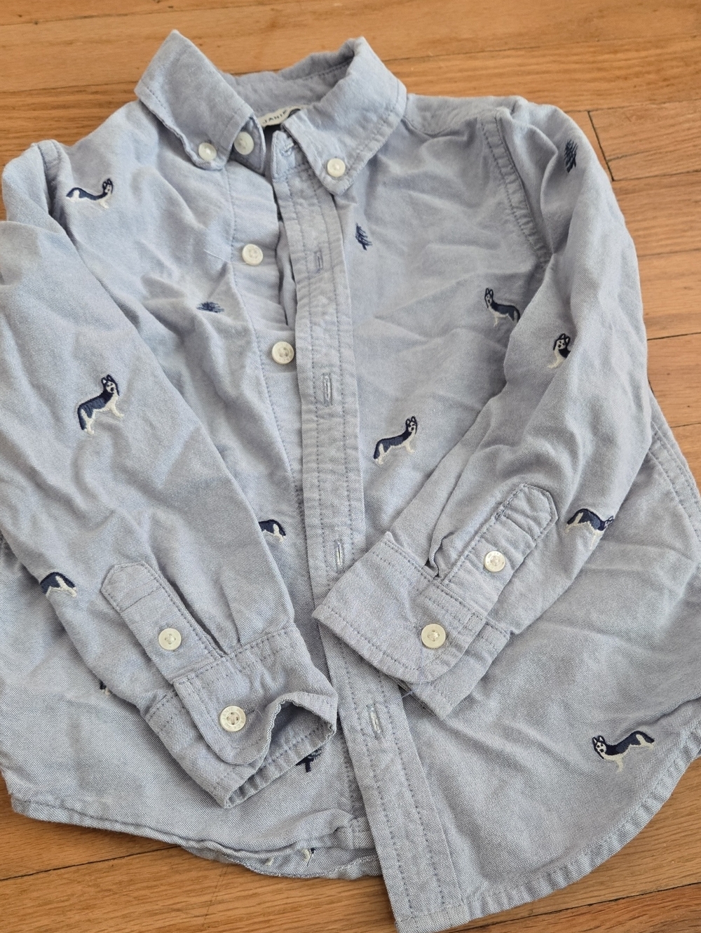 Janie and Jack Light Blue Button-Down Shirt with Dog and tree Embroidery.
